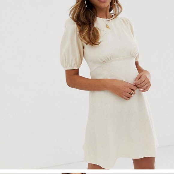 Asos Design Linen Mini Dress With Puff Sleeves - Picture 5 of 9